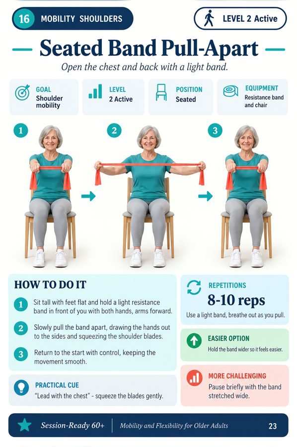 Sample photo exercise page: seated band pull-apart